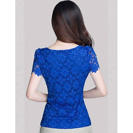 Summer Plus Size Women Solid Color Round Neck Short Sleeve Lace Blouse Slim Was Thin T-shirt Tops