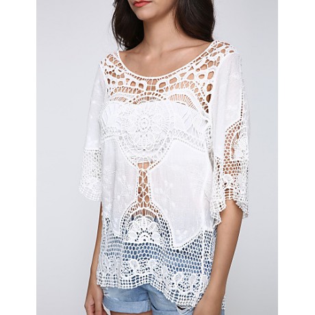 Women's Beach Sexy / Boho Blouse,Solid Round Neck ? Length Sleeve White Rayon Medium