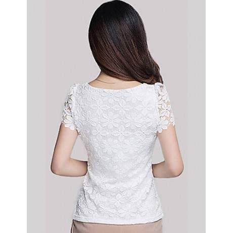 Summer Plus Size Women Solid Color Round Neck Short Sleeve Lace Blouse Slim Was Thin T-shirt Tops