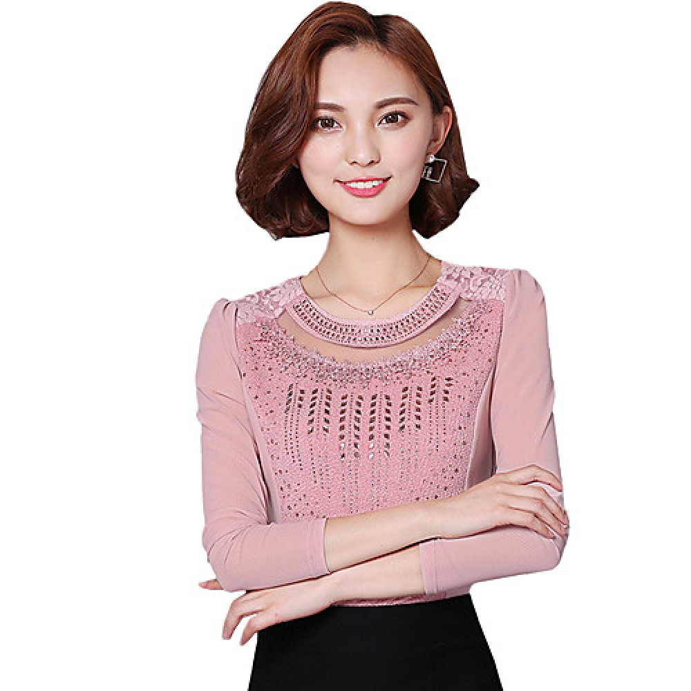 Spring Fall Women's Going out Fashion Wild Solid Color Patchwork Round Neck Long Sleeve Shirt