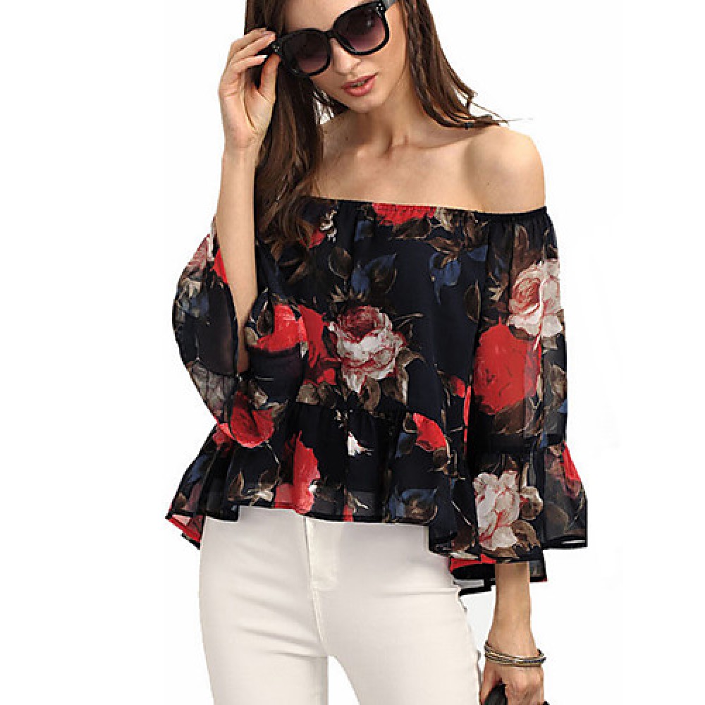 Women's Going out Sexy / Street chic All Seasons Blouse,Floral Boat Neck Long Sleeve Black Polyester Thin