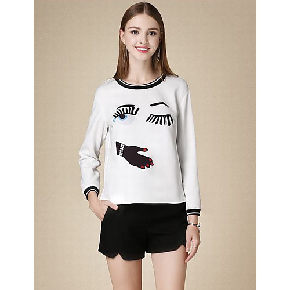 Women's Casual/Daily Cute Fall T-shirtPrint Round Neck Long Sleeve White Cotton Medium