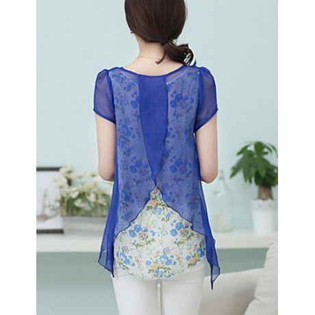 Women's Casual/Daily Simple Summer Blouse,Print Round Neck Short Sleeve Blue / Pink / Green Thin